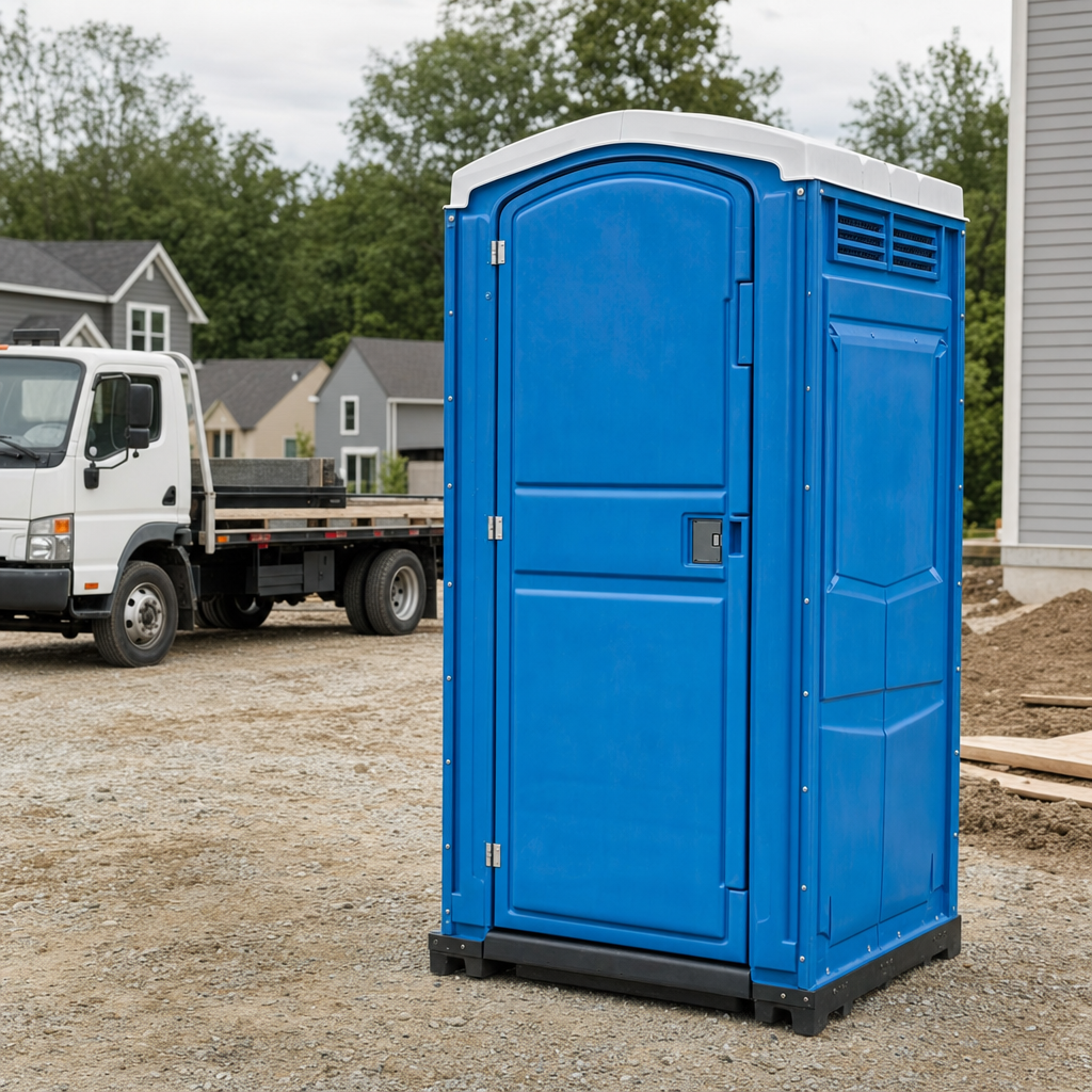 Delivery driver positioning a clean royal-blue portable toilet on level ground at a Midland worksite