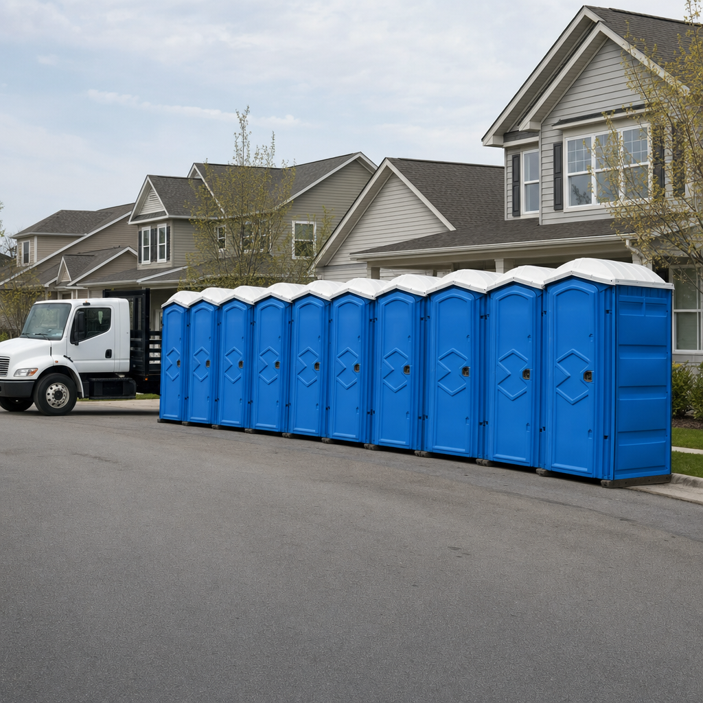 Royal blue portable toilets staged in a tidy row at a Midland jobsite, ready for delivery